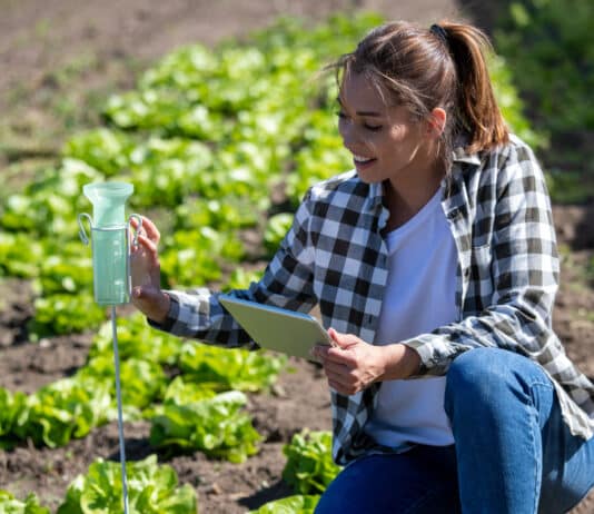 Comment utiliser un pluviomètre pour étudier les précipitations ? jeune femme qui étudie un pluviomètre